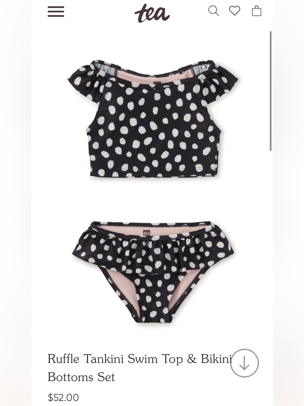 Tea Collection NWT Ruffle Sleeve Tankini Swim Set - Jaguar Spot Dots, size 12